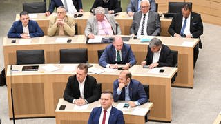 Anton Baron, (AfD), Fraktionsvorsitzender der AfD im Landtag von Baden-Württemberg, sitzt bei einer Landtagssitzung mit Regierungserklärung zum Bildungspaket der Landesregierung vor seiner AfD Fraktion.