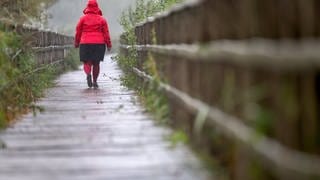 Eine Frau mit Regenjacke läuft im Regen den Federseesteg entlang.