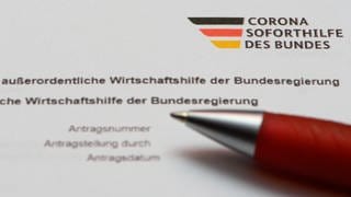 Ein Stift liegt auf einem Antrag auf Gewährung der "Novemberhilfe" als außerordentliche Wirtschaftshilfe der Bundesregierung in der Corona-Krise. Am Montag endet die Frist für die Schlussabrechnungen.