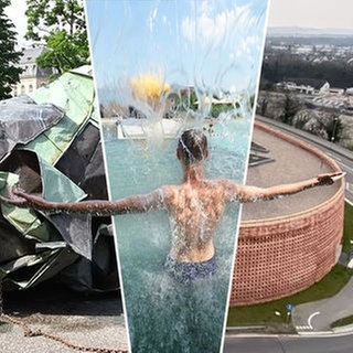 Montage: Das Kupferdach der Stuttgarter Oper, Naturfreibad Herrenberg und das Parkhaus Neuenburg. Der Steuerzahlerbund kritisiert, dass bei den Projekten Gelder verschwendet wurden.