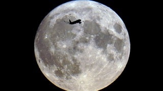 Der Supermond erhellt die Nacht. Ein Flugzeug fliegt vorbei.