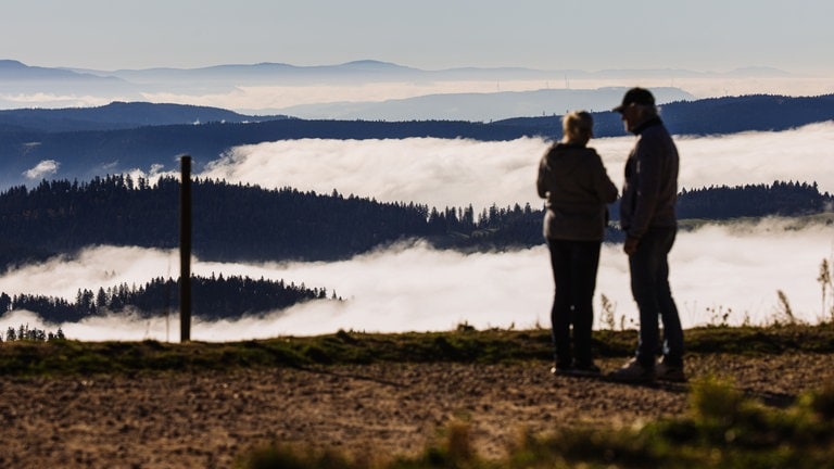 Zwei Menschen blicken auf den Nationalpark Schwarzwald, über den Nebelschwaden ziehen.