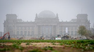 Das Reichstagsgebäude mit dem Bundestag ist am Morgen hinter einer Baustelle zu sehen.