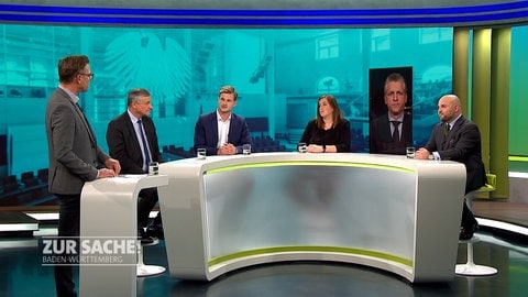 Die Runde der Sendung "Zur Sache Baden-Württemberg" am 14. November 2024. V.l.n.r.: Hans-Ulrich Rülke (FDP), Robin Mesarosch (SPD), Lena Schwelling (Grüne), Thorsten Frei (CDU), Markus Frohnmaier (AfD)