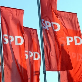 Archivbild: Fahnen mit dem SPD Logo wehen an einem Fahnenmast.