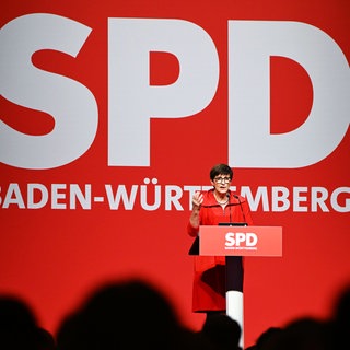 Saskia Esken, Bundesvorsitzende der SPD, spricht in der Oberrheinhalle auf dem Landesparteitag der SPD Baden-Württemberg.