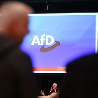 Beim Landesparteitag der AfD Baden-Württemberg in der Rheinhalle in Ketsch (Rhein-Neckar-Kreis) gehen Besucher am Logo der Partei vorbei.