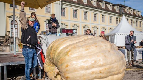 Der Belgier Mario van Geel bejubelt seinen Sieg bei der Europameisterschaft im Kürbiswiegen. Sein Kürbis bringt 1.152 Kilogramm auf die Waage.