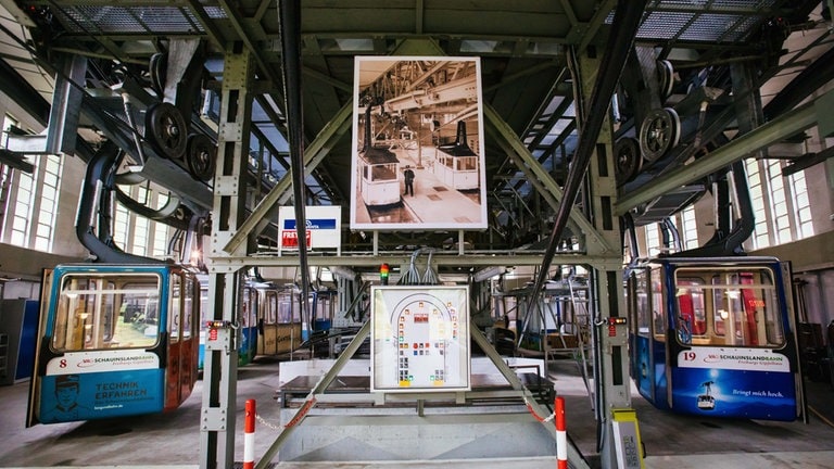 Zwei Gondeln der Schauinslandbahn in Freiburg im Breisgau. In der Mitte hängt ein historisches Bild der Bahn, die seit 94 Jahren ihre Passagiere befördert.