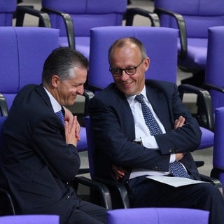 Thorsten Frei (links) und Friedrich Merz sitzen im Bundestag und unerhalten sich. Beide lächeln.