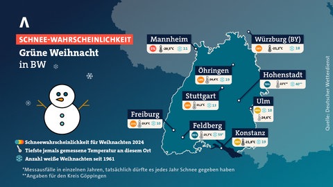 Weiße Weihnachten sind 2024 in BW in den meisten Städten eher unwahrscheinlich - das zeigt die Karte mit Schnee-Prognosen.