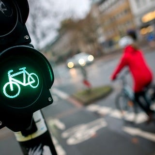 Eine Fahrradfahrerin fährt an einer grün leuchtenden Fahrradampel vorbei. Zwischen Fahrradfahrern und Fußgängern kommt es immer wieder zu Unfällen.