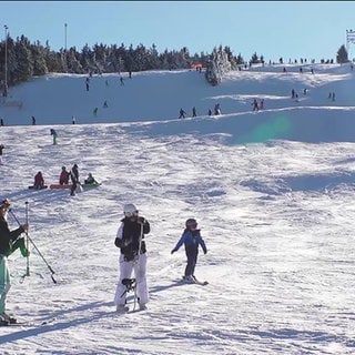 Blick auf Skipiste mit Skifahrern