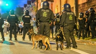 Einsatzkräfte der Polizei stehen 2013 mit Hunden nach Ausschreitungen bei einer Eritrea-Veranstaltung in Stuttgart auf der Straße. Die Zahl der Gewalttaten gegen Polizeibeamte in Baden-Württemberg hat stark zugenommen.