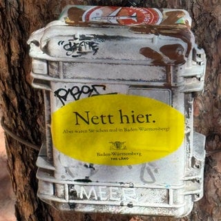 Auf einem Kasten an einem Baum klebt ein Aufkleber unter anderem mit der Aufschrift "Nett hier". Das Land bittet Fans des Stickers darum, nur zu fotografieren und nicht zu kleben.