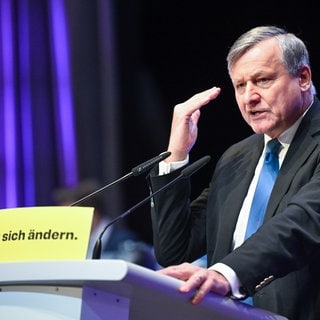 Hans-Ulrich Rülke, FDP-Fraktionsvorsitzender im Landtag von Baden-Württemberg, spricht in der Schwabenlandhalle beim Landesparteitag der BW-FDP