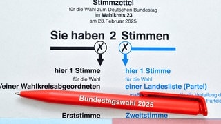 FOTOMONTAGE, Stimmzettel mit Kugelschreiber und Aufschrift Bundestagswahl 2025. Lohnt sich taktisches wählen überhaupt?