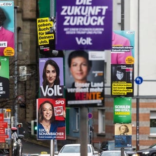 Wahlplakate von VOLT, BSW, und anderen Parteien zur Bundestagswahl 2025 an einer Straße in Stuttgart