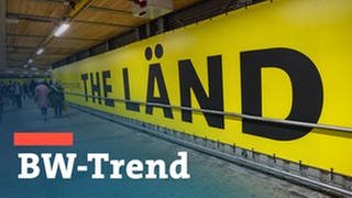Werbebanner "The Länd" und Schriftzug BW-Trend, der Umfrage zur politischen Stimmung im Land sowie 70 Jahre Baden-Württemberg