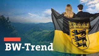 Zwei junge Menschen halten einen Baden-Württemberg-Fahne und blicken auf das Land sowie Schriftzug BW-Trend, die Umfrage anlässlich 70 Jahre BW.