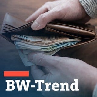 Symbolbild zur wirtschaftlichen Lage im Land, Geldbörse mit Geldscheinen vor Schriftzug BW-Trend, der landespolitischen Umfrage für baden-Württemberg