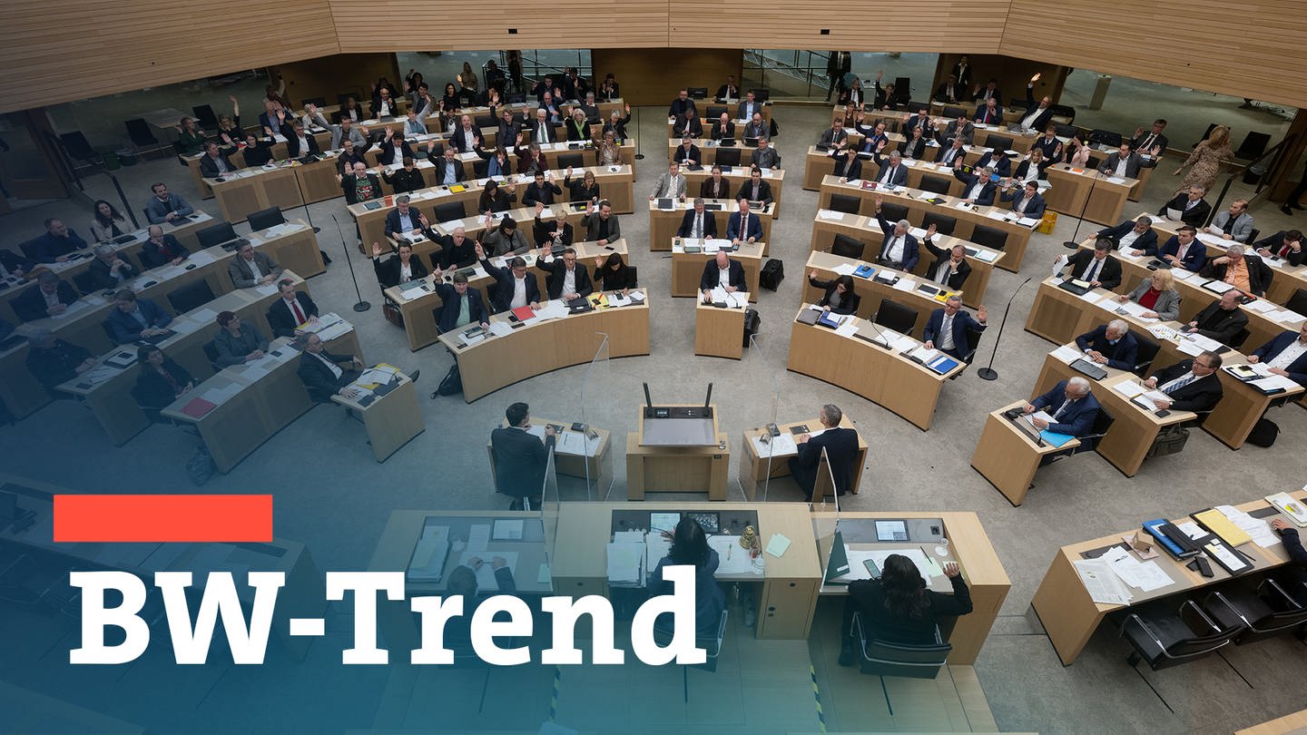 Blick in den Plenarsaal des Landtags in Stuttgart. Teaserbild mit Schriftzug 