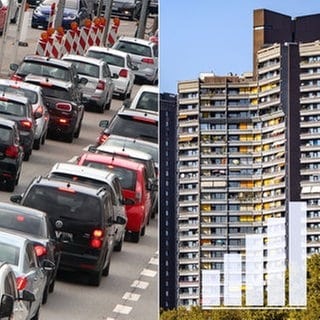 Symbolbild zur SWR Umfrage zur Kommunalwahl in Baden-Württemberg Verkehrsprobleme (Autos im Stau) Mietprobleme (Hochhaus)