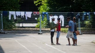 Vier junge Männer stehen mit dem Rücken zur Kamera vor einem Bauzaun, an dem Wäsche aufgehängt ist. Szene mit jungen Asylsuchenden auf dem Gelände der Landeserstaufnahmeeinrichtung in Sigmaringen in Baden-Württemberg. 