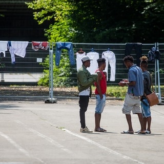 Vier junge Männer stehen mit dem Rücken zur Kamera vor einem Bauzaun, an dem Wäsche aufgehängt ist. Szene mit jungen Asylsuchenden auf dem Gelände der Landeserstaufnahmeeinrichtung in Sigmaringen in Baden-Württemberg. 