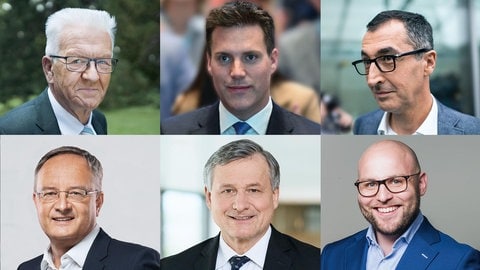 Montage aus Köpfen der Politiker, oben: Winfried Kretschmann (Grüne), Manuel Hagel (CDU), Cem Özdemir (Grüne) unten: Andreas Stoch (SPD), Hans-Ulrich Rülke (FDP), Markus Frohnmaier (AfD)