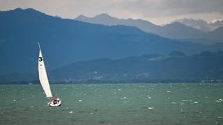 Symbolfoto: Ein Boot segelt bei Sturmwarnung vor Langenargen über die Wellen des Bodensees. 