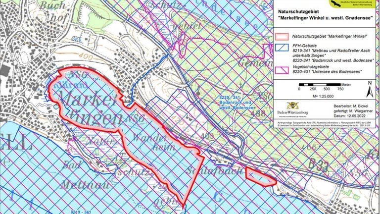 Eine Karte des Naturschutzgebiets Markelfinger Winkel und Markierung für die Erweiterung