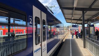 Ein blauer Zug steht am Stadtbahnhof in Friedrichshafen