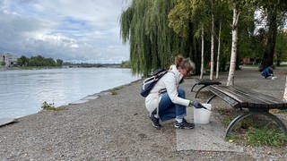 eine Frau sammel in der Hocke Müll am Konstanzer Seerhein in einen Plastikeimer