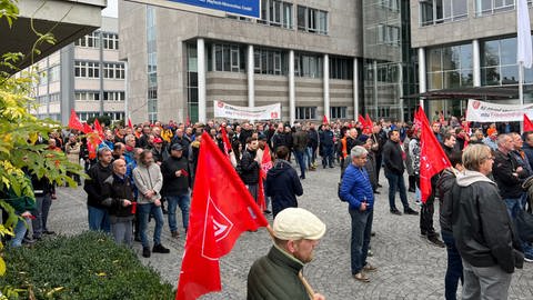Viele Menschen stehen in Friedrichshafen und streiken.