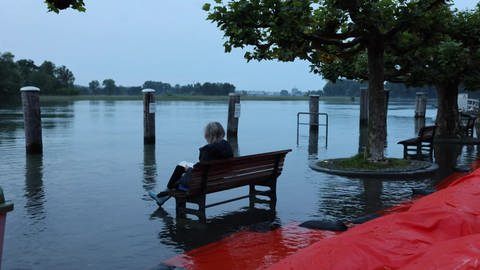 Wer auf dieser Bank am Bodensee sitzen will, braucht Gummistiefel.