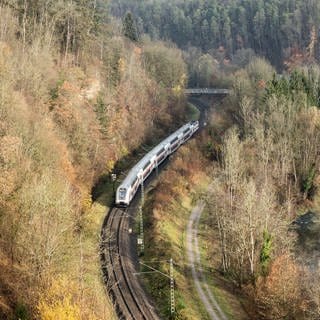 Ein Intercity fährt von Rottweil in Richtung Stuttgart durch eine bewaldete Gegend, im Hintergrund ist eine Brücke über die Schienen zu sehen.