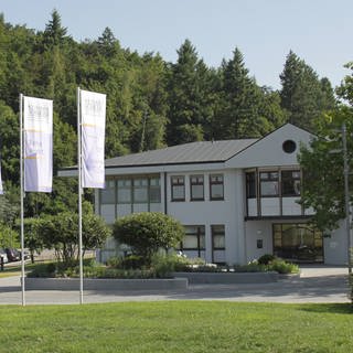 Ein Gebäude der Kliniken Schmieder in Allensbach, im Vordergrund Fahnen mit dem Unternehmenslogo (Archivbild).