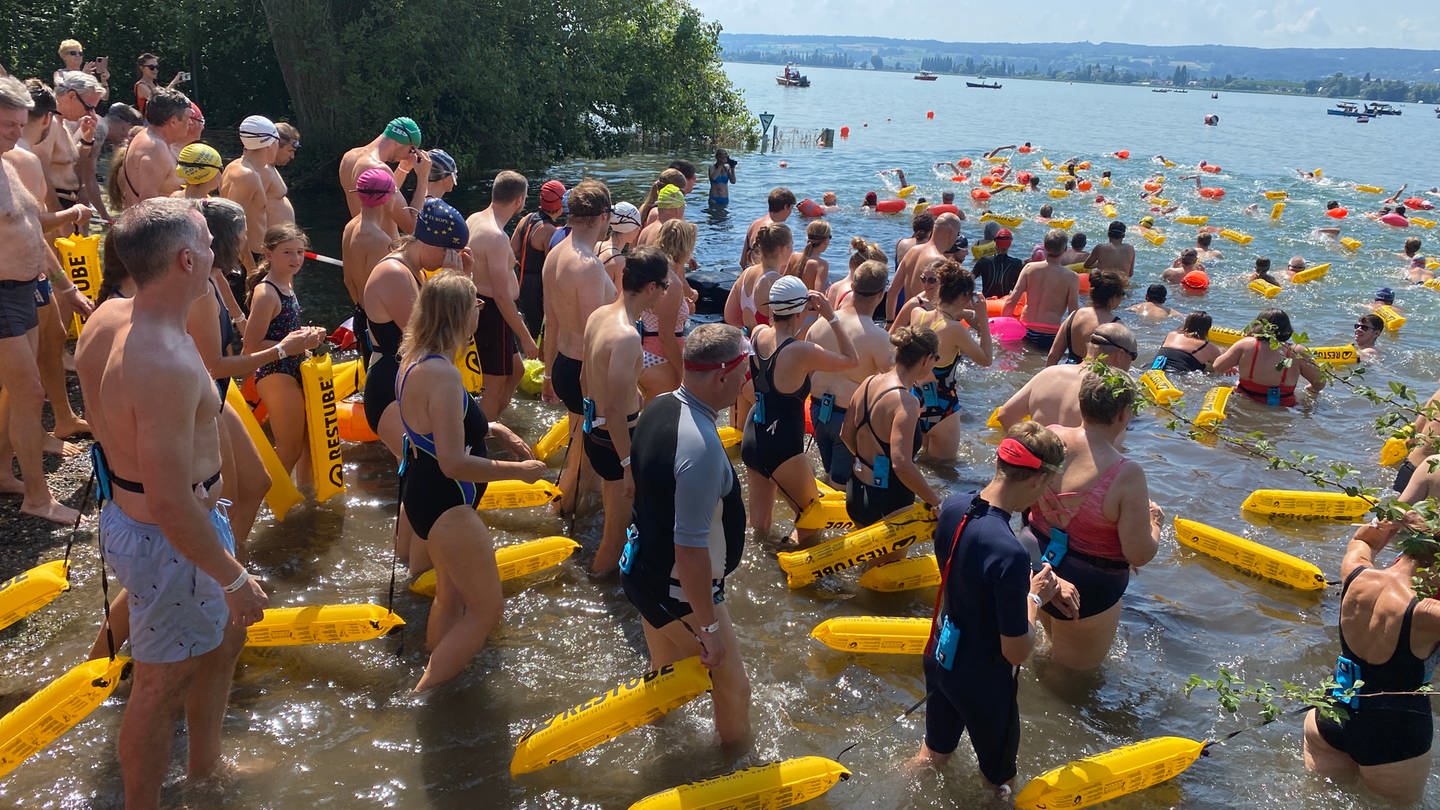 Bei schönstem Sommerwetter: Massenstart beim Gnadenseeschwimmen.