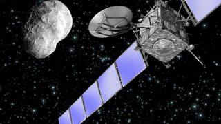 Die Computeranimation zeigt die ESA-Sonde "Rosetta" im Anflug auf den Asteroiden Steins.