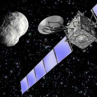 Die Computeranimation zeigt die ESA-Sonde "Rosetta" im Anflug auf den Asteroiden Steins.
