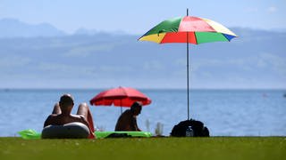 Zwei Männer liegen im Strandbad in Friedrichshafen am Bodensee