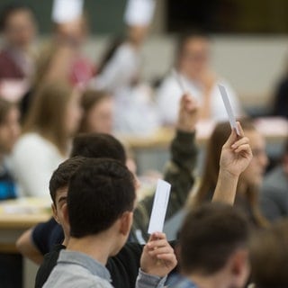 Schüler stimmen im Landtag während des Jugendparlaments 2018 über einen Antrag ab