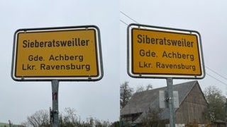 Zwei Ortsschilder von Siberatsweiler im Kreis Ravensburg, ein falsches und ein richtiges