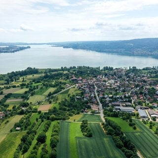 Der Ort Gaienhofen auf der Halbinsel Höri aus der Luft.