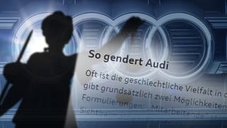 Justitia, Audi-Ringe und der Leitfaden für gendersensible Sprache in einer Bildmontage