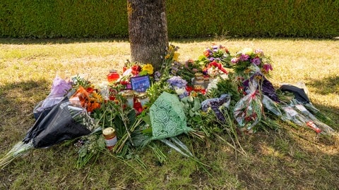 Blumen, Kerzen und Bilder liegen an einem Baum, in dessen Nähe am 17.August 2022 eine 23-Jährige aus dem Kreis Heilbronn tot in einem Auto entdeckt wurde.