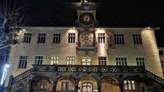 Rathaus und Marktplatz Heilbronn. Nachtaufnahme.