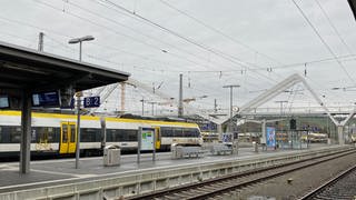 Ein Zug von bwegt wartet am Hauptbahnhof in Heilbronn. Im Hintergrund die Fußgängerbrücke.