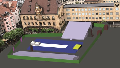 Rendering des Heilbronner Marktplatzes mit Hochsprungbahn in der Mitte und Tribünen